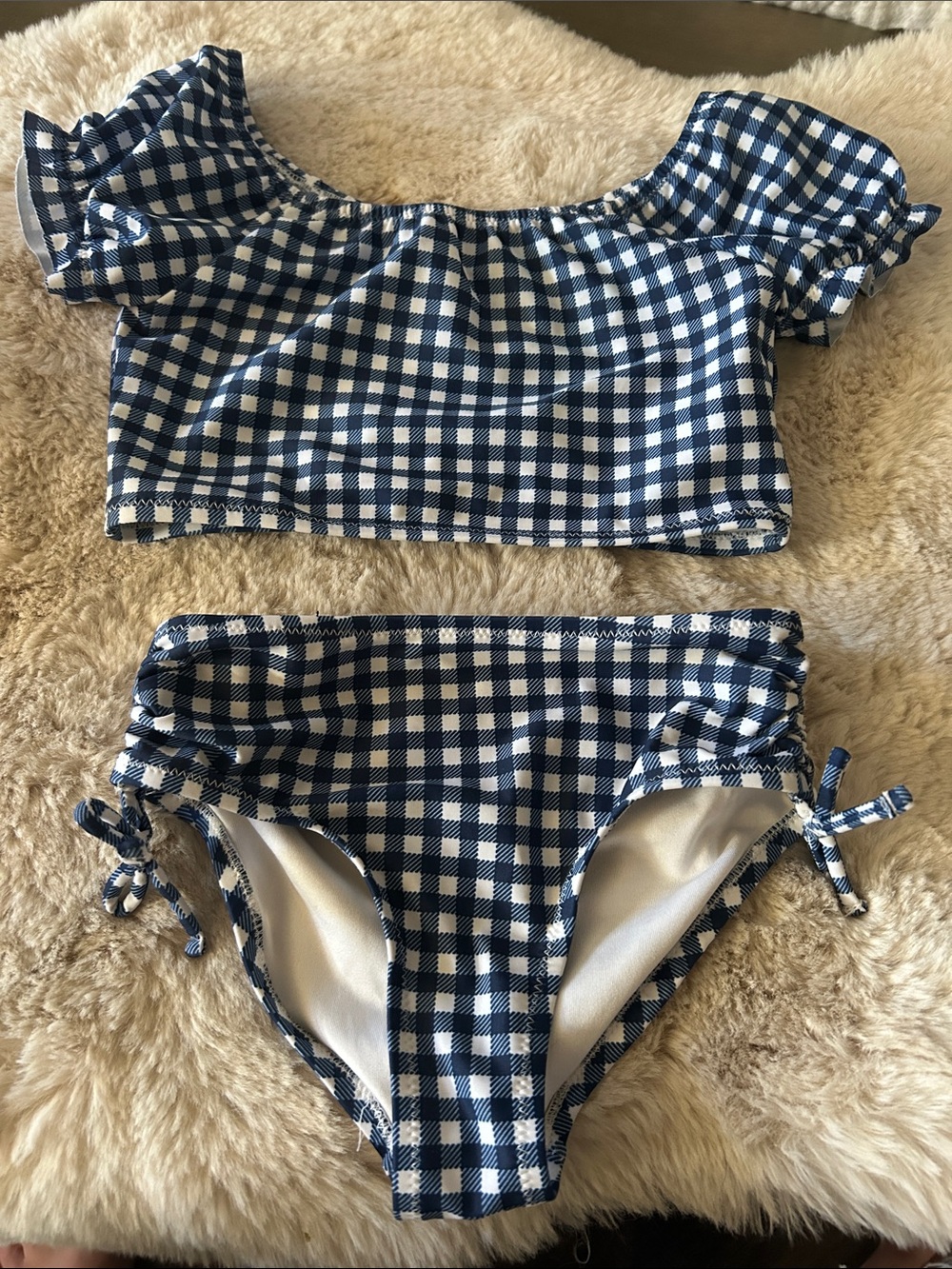 Old Navy Navy and White Gingham Girls Two-Piece Swim Set with Ruffle Sleeves 6-7